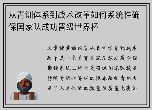 从青训体系到战术改革如何系统性确保国家队成功晋级世界杯 从青训体系到战术改革如何系统性确保国家队成功晋级世界杯